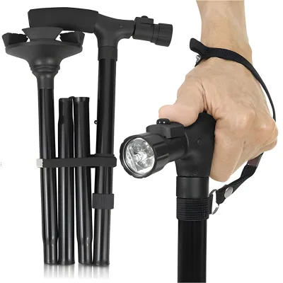 3-section Folding Walking Stick with LED Light Adjustable Lightweight Anti-slip Cane for Elderly Adults