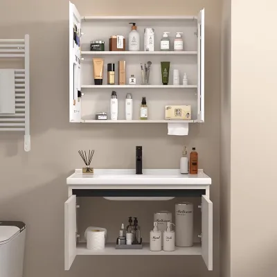 Custom Modern High Class Gray Oak Veneer Bathroom Vanities Floating Cabinets Set for Penthouse Renovation Projects