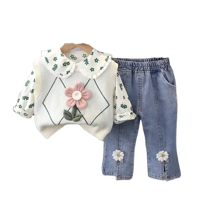 2024 New Girls' Fashionable Floral Print Three-Piece Set for Autumn Sweet Style Children's Suit for 3-7 Years