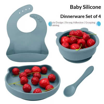 Food-grade Silicone Baby Tableware Set Suction-cup Bowl Bib Four-piece Set Solid Pattern for Infant Feeding Weaning; Essential