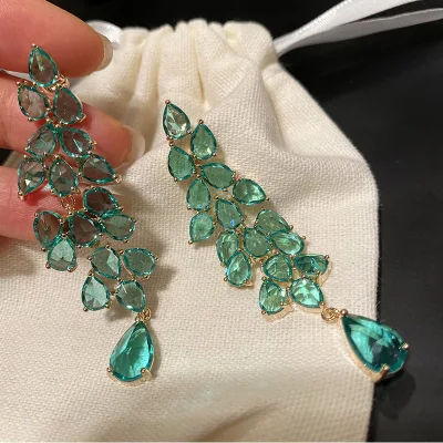 Exaggerated Green Zircon Leaf Tassel Long Drop Earrings Women's Evening Dress Accessory Gold Plated Fashion Earrings