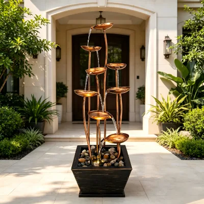 Vertical Tiered Waterfall Decor, Antique Copper Metal Lotus Leaf Water Fountain with Pebble Basin Base,Villa Entrance Landscape