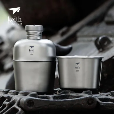 ISO 9001:2015 Keith Titanium Water Bottle Ti3060 Bulk Wholesale Canteen Mess Kit for Hiking and Camping