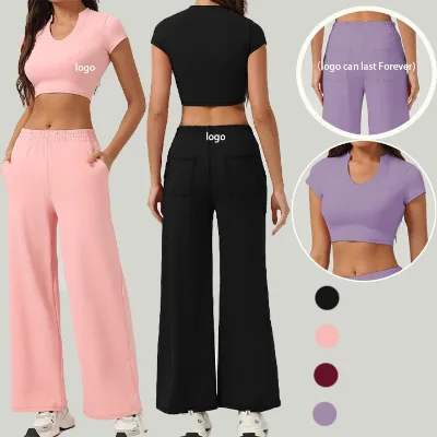 Back Pocket Flared Workout Set Elastic Waist Cropped Gym Sets Notched V Neck Short Sleeves Women Yoga Suit