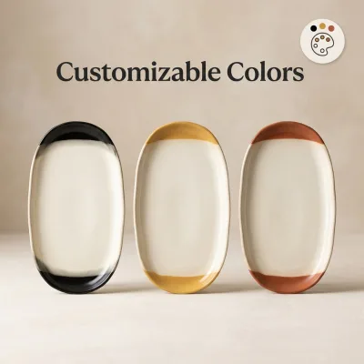 Custom Oval Ceramic Plate Set Minimalist Color Block Glaze Dinnerware Handmade Organic Rim Serving Dish Cream Black Mustard