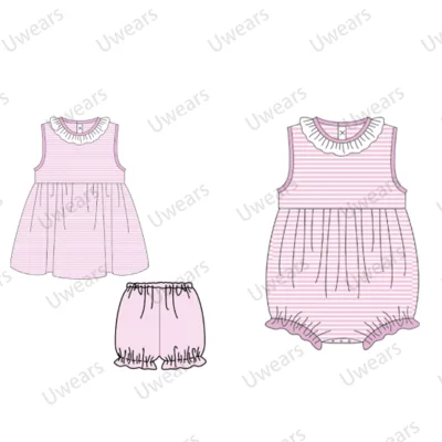 Baby Girl Summer Dress Outfit pink Striped Flutter Sleeve Bow Design Cotton Sisters Matching Set 6M-12Y Toddler Outfits