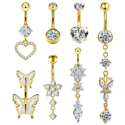 Belly Button Rings Flower Heart & Butterfly Zircon Inlaid Fashion Minimalist Body Piercing Jewelry