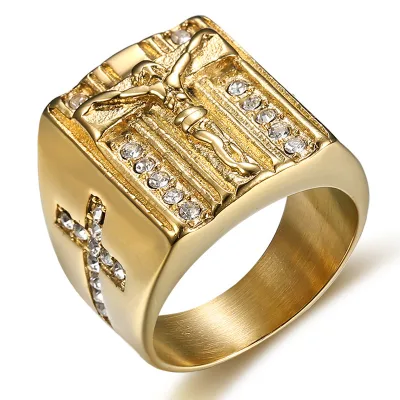 Jesus Image Ring with Side Cross | Zircon Inlaid PVD Gold Plated Stainless Steel Religious Jewelry