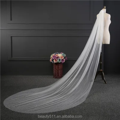 Hot Sale Tulle Applique Train Lace Cathedral Wedding Bridal Veils Fashionable Long Tulle Beaded Wedding Bridal Veils