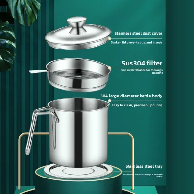 304 Thickened Stainless Steel Large Capacity Oil Filter Pot Strainer Fine Mesh Filter Pouring Spout Double Handle Cooking Grease