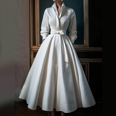 Women Designer Clothing Clothes Manufacturers Custom Autumn Winter White Casual Solid Color Stand Collar Shirt Long Dress Women
