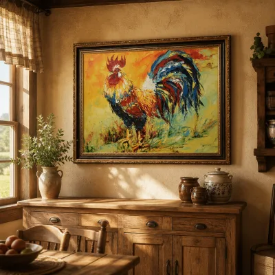 100% Handpainted Rooster Oil Painting Animal Canvas Wall Art with Classic Frame for Farmhouse Kitchen Home Decor