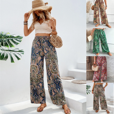 Summer New Style Bohemian Style Paisley Printed Wide Leg Pants Fashion Straight Tube Elastic Waist Casual Pants