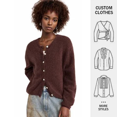 Customized Daily Casual Autumn and Winter New Brown Round Neck Plush Button Cardigan Women's Warm and Cozy Jacket