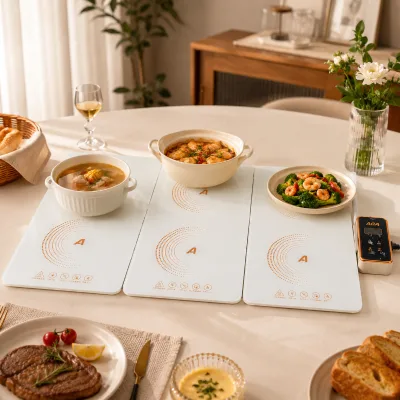 Space Saving Triple Zone White Foldable Electric Touch Control Uniform Heat Glass Warming Tray for Holiday Dinners
