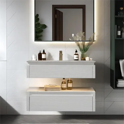 Modern Double Tier Floating Bathroom Vanity Set with Vertical Fluted Drawer Panels & Quartz Countertop & Ambient LED Lighting
