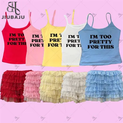 Women 2 Piece Summer Set Letter Print Crop Top and Elastic Layered Ruffles Shorts Set
