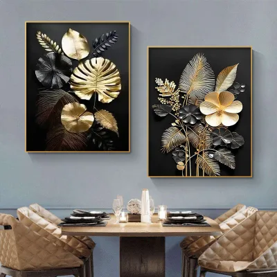 Factory Custom Framed Modern Still Life Gold Floral Canvas Print Art Poster Decorative Wall Painting for Home Living Room