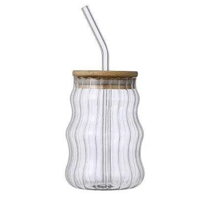 Stripe Design Borosilicate Water Drinking Glass Clear Lovely Glass Cup Tumbler With Bamboo Lid and Straw