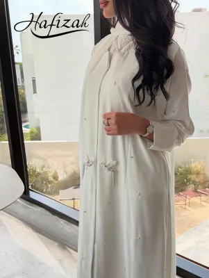 Hafizah Ivory Muslim Abaya Long Dress Beaded Bird Motif High Neck Loose Maxi Gown OEM Custom Women Dress
