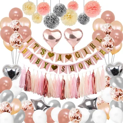 108pcs Baby Shower Decorations for Girl Party Supplies Include Banners Paper Pompoms Balloons Tassels for Baby Girls