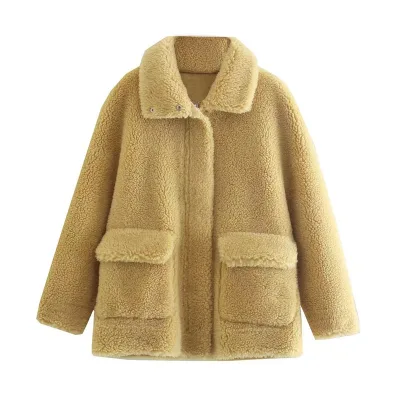 New Autumn Winter Lamb Wool Fleece Double-sided Jackets Turn Down Collar Coat