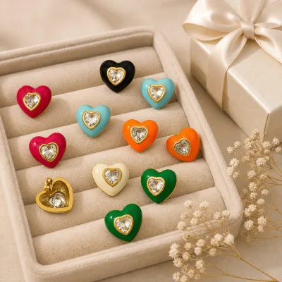 Stainless Steel Enamel Heart Stud Earrings Multicolor CZ Zircon Epoxy Hypoallergenic Jewelry Gift for Women
