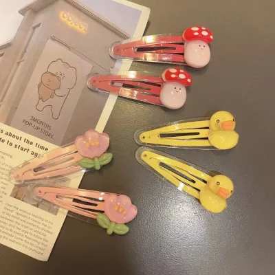Custom 2pcs Sweet Kawaii Cartoon 3D Resin Mushroom Duck Flower BB Hair Clips Lovely Kids Girls Hair Pin Hair Accessories
