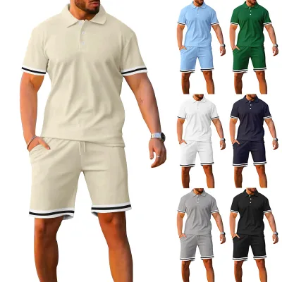 Summer Lapel Buckle Spliced Quick Dry Short Sleeve Casual Sports Leisure Youth Plus-size Suit Men's Shorts