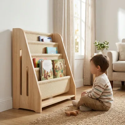 5-Tier Leaning Ladder Bookshelf Fabric Kids Sling Bookshelf Kids Bookshelf Wooden Kids Bookshelf