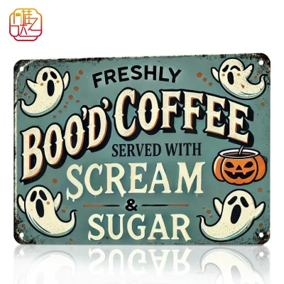 Fun Coffee Bar Wall Decor Sign - Gothic Metal Tin Sign - Retro Halloween Garage Home Decor Sign - 8 X 12 Inches