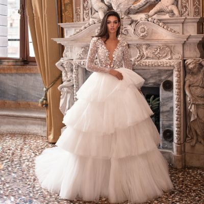 Latest Designs Beaded Princess Long Sleeve Bridal Wedding Gown