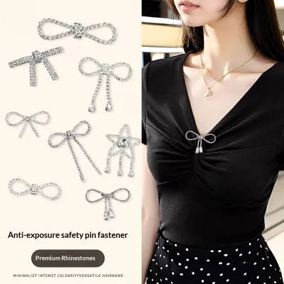 Simple Elegant Bow Rhinestone Electroplated Brooch Anti-running Light Fixing High-grade Sense Light Buckle Tassel Corsage