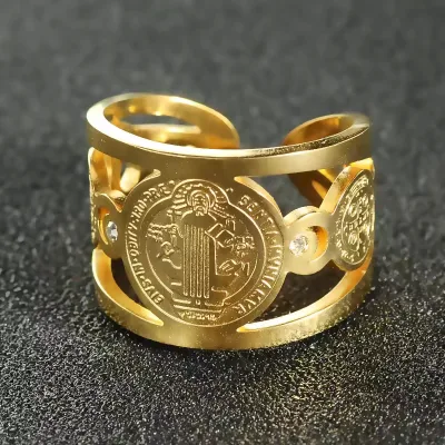 2024 Stainless Steel Catholic Exorcist Saint Benedict Ring Open Adjustable Religious Ring