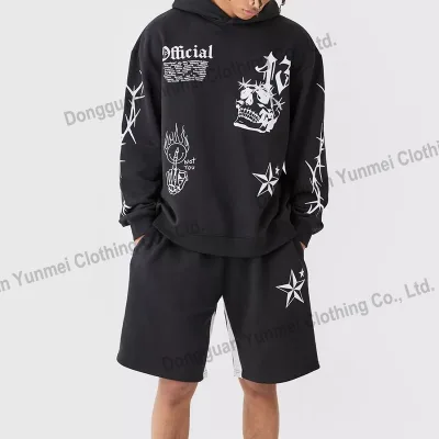 Fashion Fleece Street Wear Heavyweight Hoodie and Shorts Set Silk Screen Printing Tracksuit Sets
