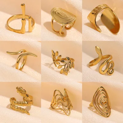 Stainless Steel Personality Snake Shape Adjustable Gold Plated Open Geometric Metallic Finger Ring for Unisex Fashion Jewelry