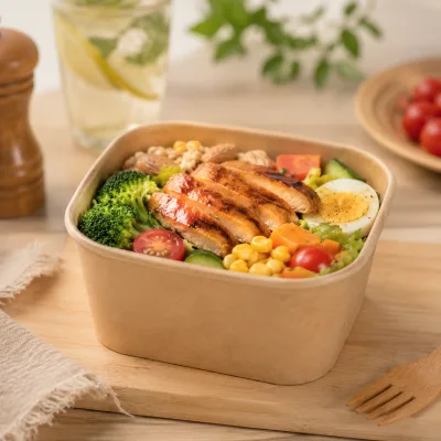 HEMANDO Biodegradable Custom Logo Square Salad Paper Bowl Takeout Kraft Paper Food Container Noodle Bowl With Lid