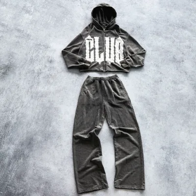 Vintage Washed Men's Track Suit High Quality French Terry Custom Embroidery Patch Zipper up Pocket Hoodie and Pure Pants Men Set