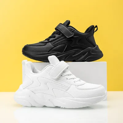Children Shoes Kids Casual Sneakers Black Pu Leather Sports Shoes for Boy Girls White Shoes School Running Tennis Sneaker