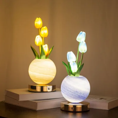 New Glass Tulip Night Light Simulated Flower Bouquet Table Lamp Decorative Piece Bedroom Bedside Ambient Light Dreamy Planet