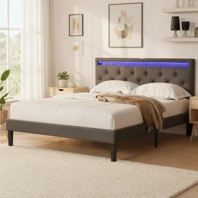 New Design Modern Oak Frame Luxury Bed with LED Light Upholstered Bed for Bedroom Decor