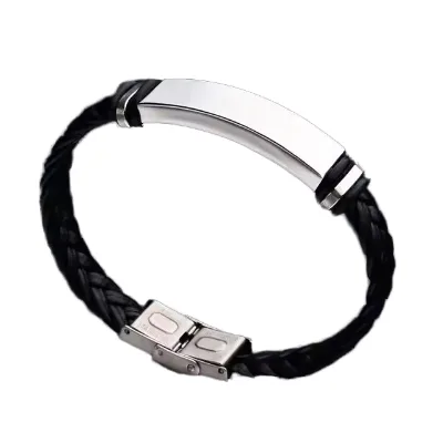 Hot Selling Custom Engrave Logo Simple Adjustable Stainless Steel Anchor Braided Black Pu Leather Wrap Woven Bracelet for Men