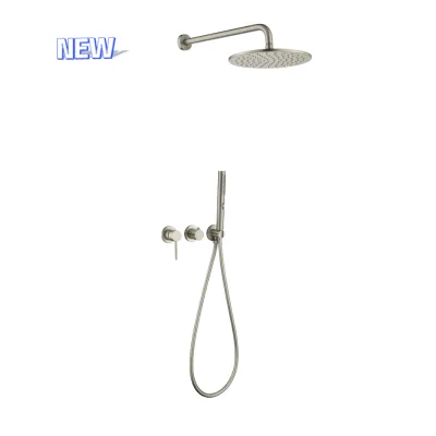 Nickle Brush Brass & Stainless Steel Ceramic Rainfall & Jet Shower Set Polished Surface Wall Mount Round Shower System for Hotel
