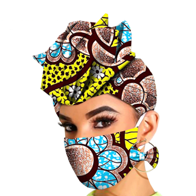 African Kitenge Wax Print Cotton African Headwraps Plus Mas ks African Print Face Mas k and Head Wrap with Earring