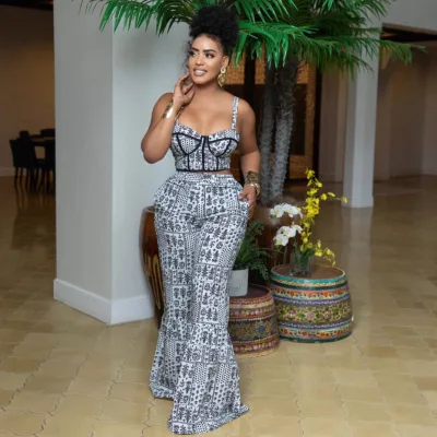 BR5554 Women's Summer Two-Piece Set Strapless Strappy Top High-Waisted Flared Pants Black White