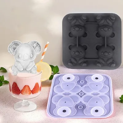 Trendy 4 Grid Koala Shaped Silicone Ice Cube Tray Lid Reusable Eco-Friendly Heat Resistant Easy Release for Home Bar Beverages