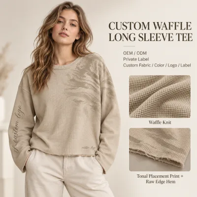 OEM Women Long Sleeve Tee Waffle Knit Tonal Graphic Print Raw Cut Hem Drop Shoulder Crew Neck Casual Streetwear T Shirt