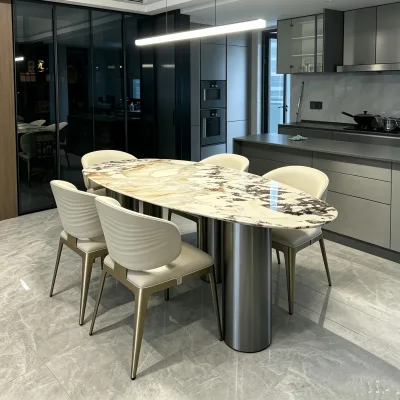 Luxury Natural Pandora Marble Oval Dining Table With Metal Base For Modern Home & Villa