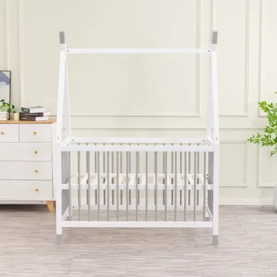 White Wooden Baby Crib with Slatted Rails and Optional House Canopy Frame for Nursery