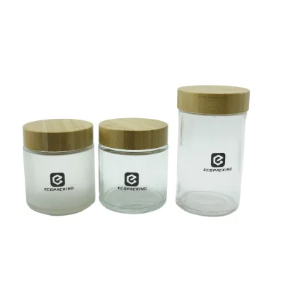 Custom Logo 50ml 100ml 200ml Frosted Glass Jar with Wooden Lid Wide Mouth Matte Glass Jar